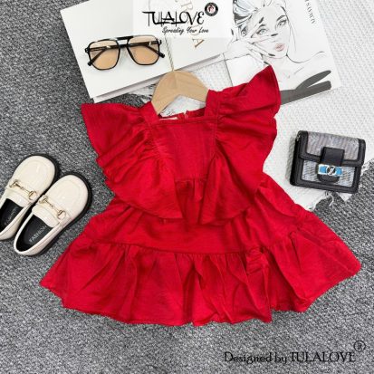 Váy Vải Lụa Tằm Màu Đỏ Cổ Vuông