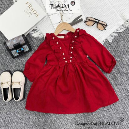 Váy Nhung Chéo Đỏ Gắn Hạt Trai