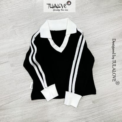 Alternative view of Áo Polo Bé Gái Dài Tay Cổ Tim Phối Lé Gân