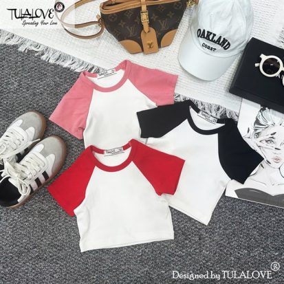 Áo Croptop Cộc Tay Phối Màu Kiểu Raglang