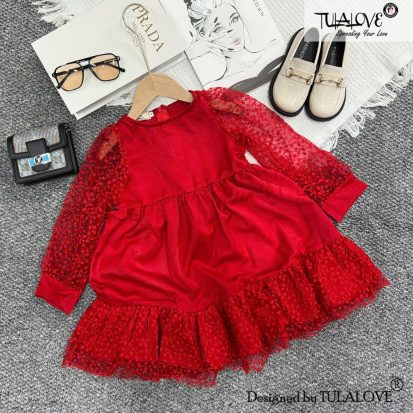 Váy Vải Lụa Tằm Màu Đỏ Phối Ren Tay