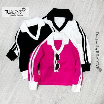 Áo Polo Bé Gái Dài Tay Cổ Tim Phối Lé Gân