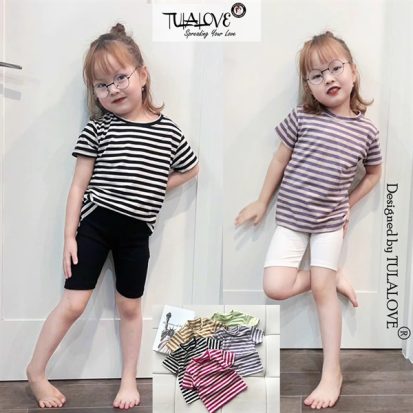 Áo Phông Cộc Tay Kẻ Màu Bé Gái